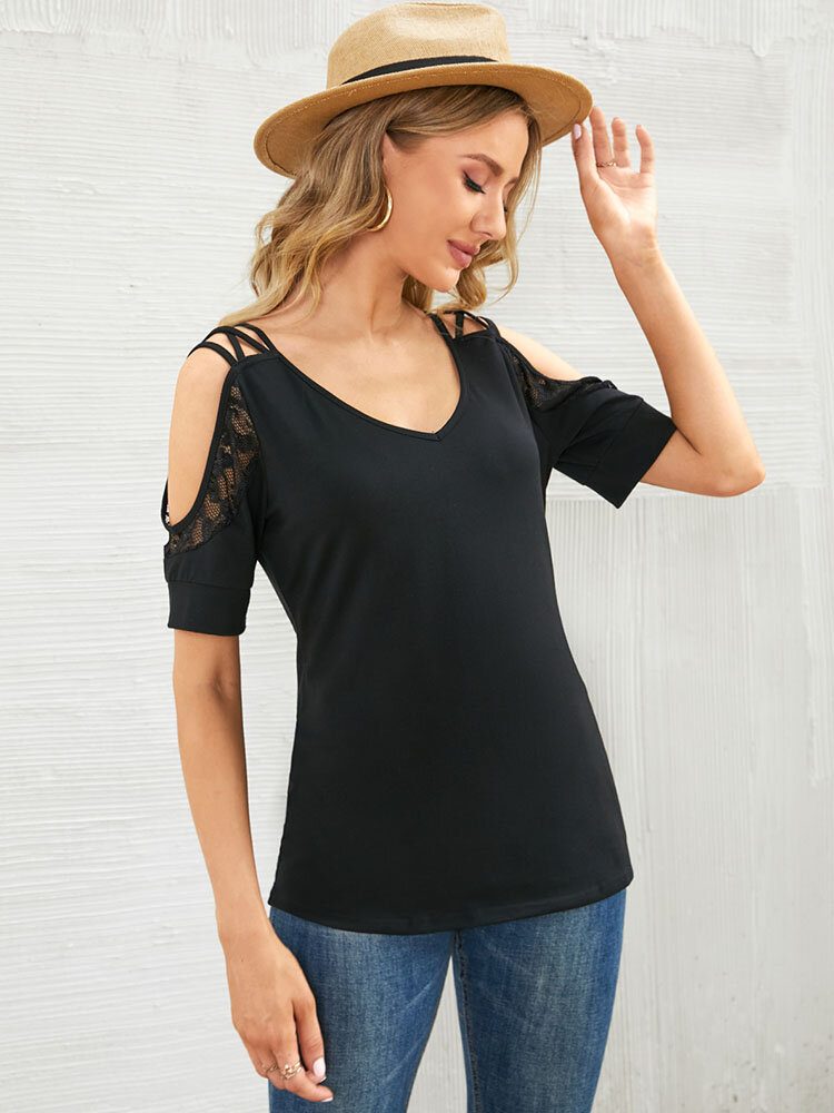 Solid Lace Splicing Cold Shoulder Backless Casual Bluse