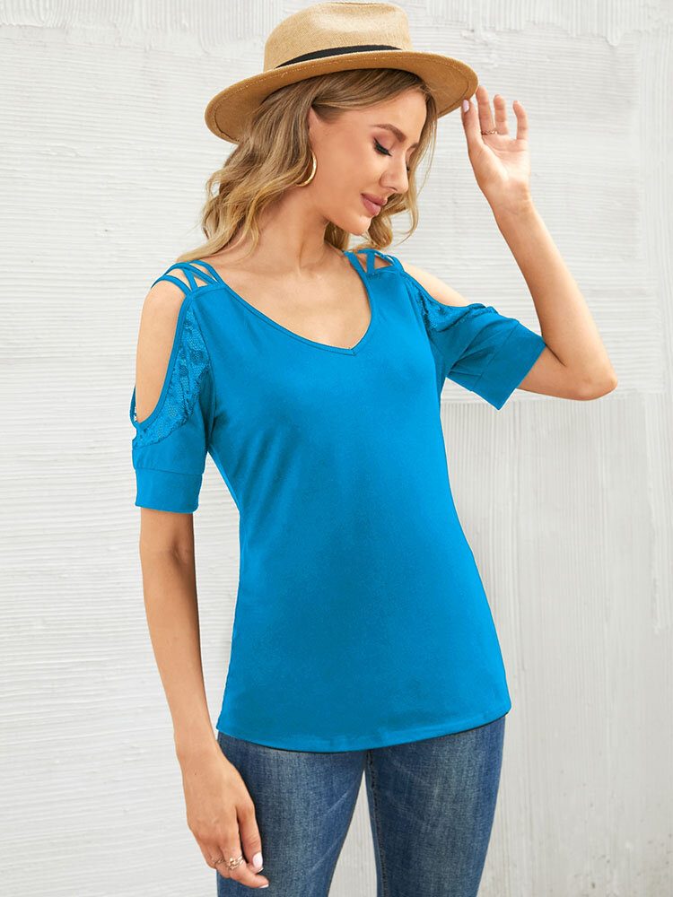 Solid Lace Splicing Cold Shoulder Backless Casual Bluse