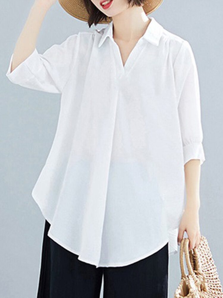 Solid Ruched Asymmetrisk Lapel Casual Løs Bluse