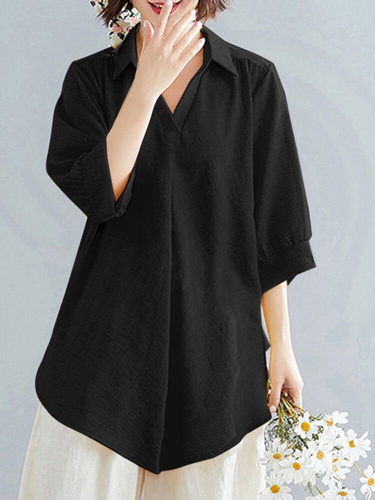 Solid Ruched Asymmetrisk Lapel Casual Løs Bluse