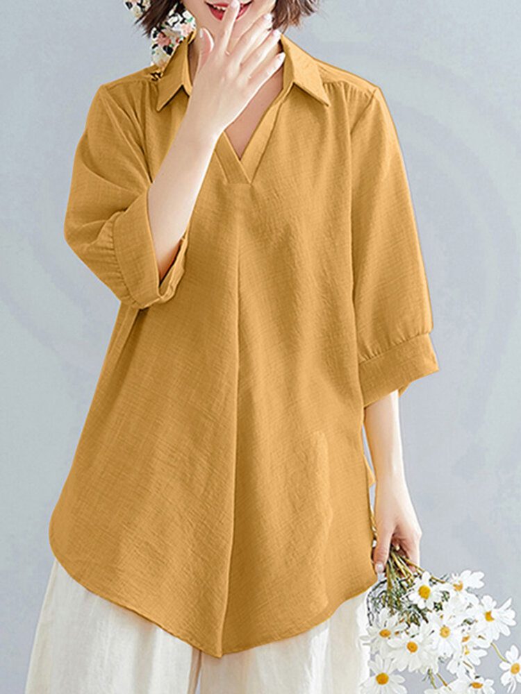 Solid Ruched Asymmetrisk Lapel Casual Løs Bluse