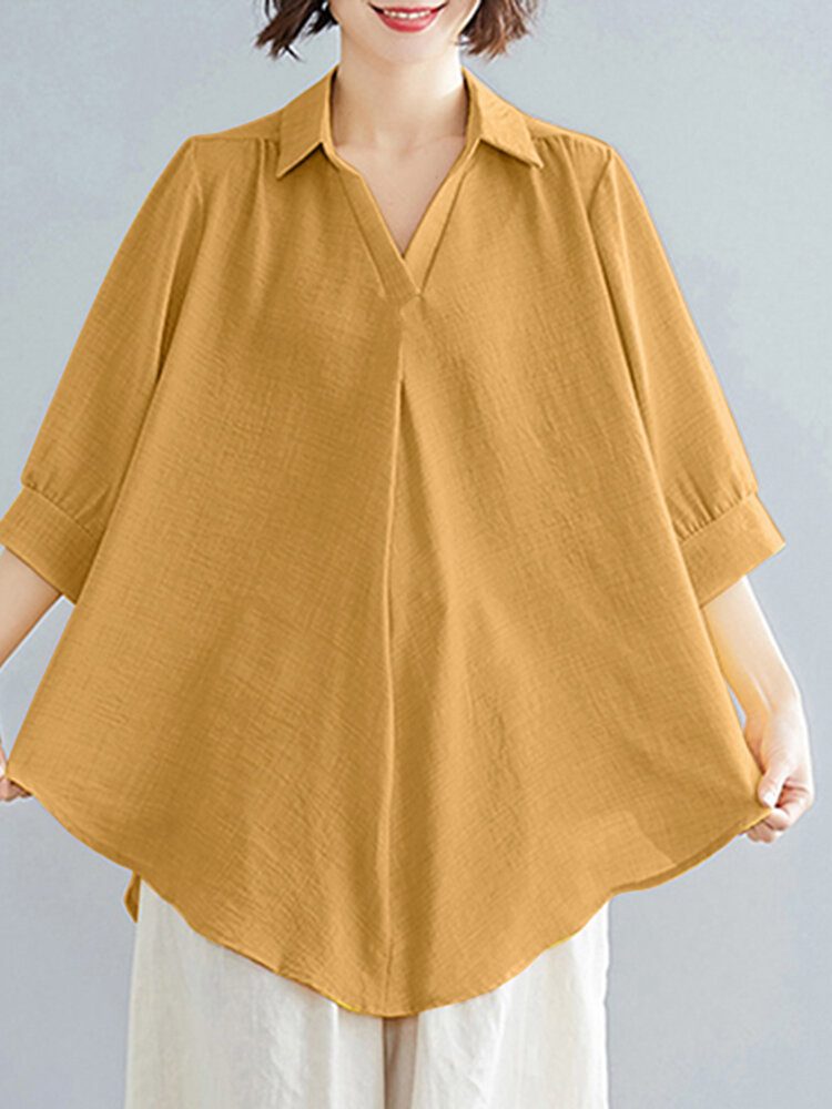 Solid Ruched Asymmetrisk Lapel Casual Løs Bluse