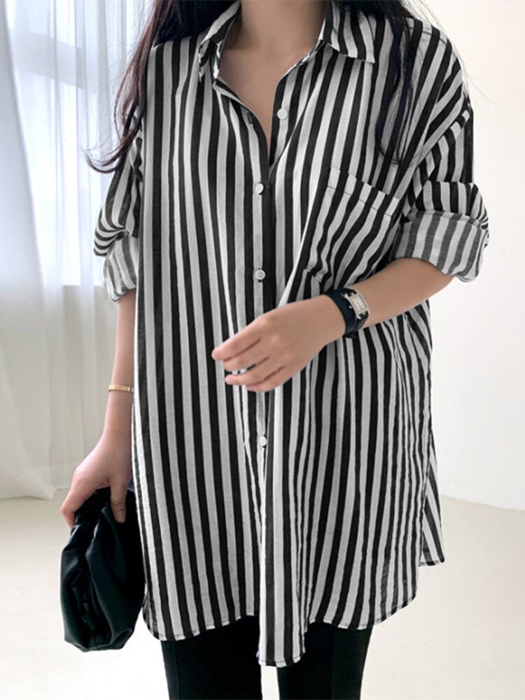 Stripe Print Lomme Langermet Lapel Button Down Skjorte