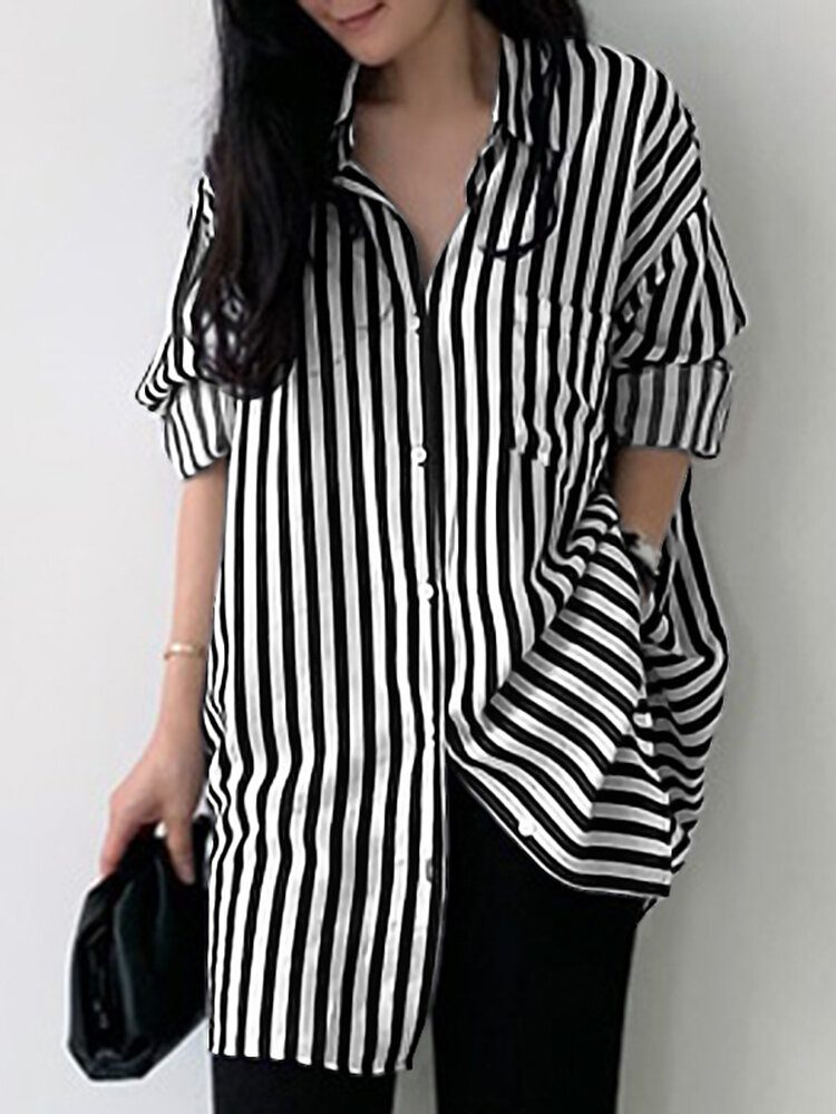 Stripe Print Lomme Langermet Lapel Button Down Skjorte