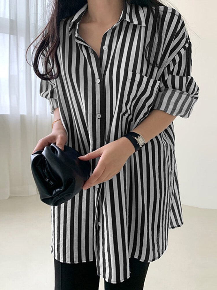 Stripe Print Lomme Langermet Lapel Button Down Skjorte