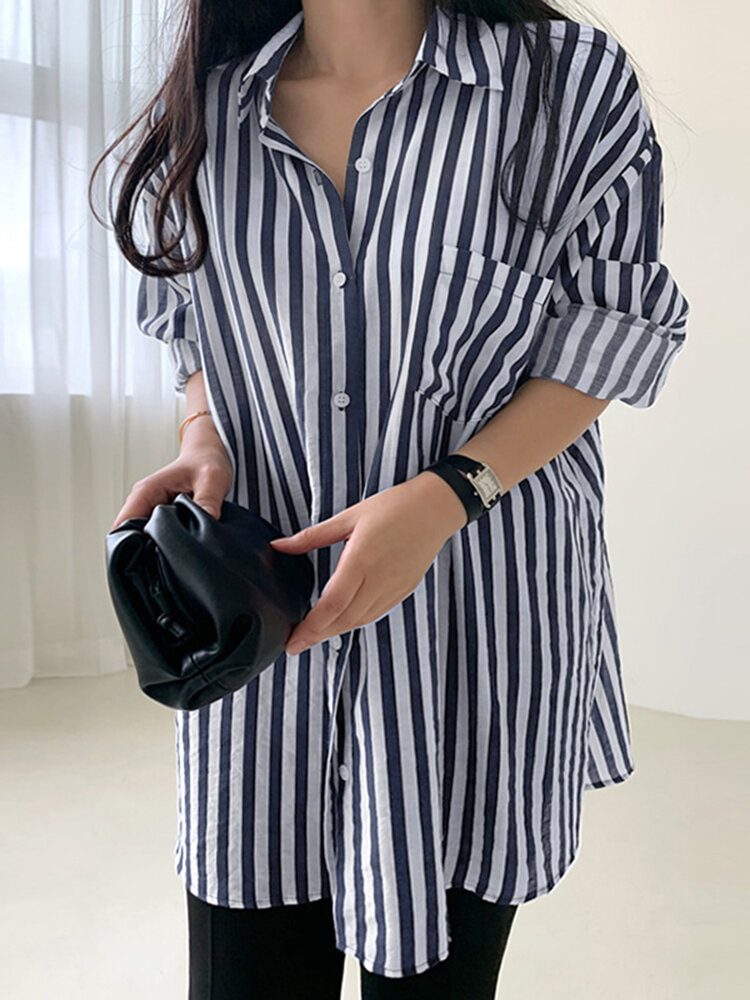 Stripe Print Lomme Langermet Lapel Button Down Skjorte