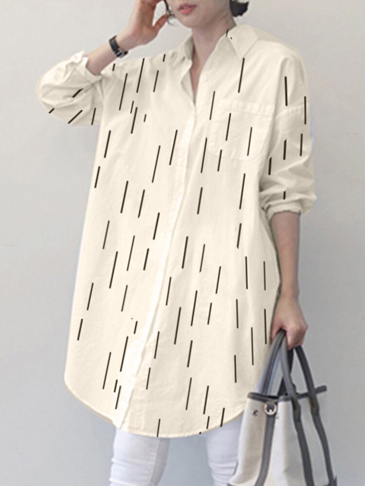 Stripe Print Lomme Langermet Loose Button Down Skjorte