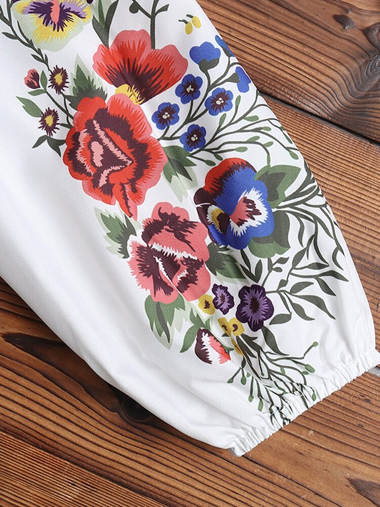 Uformelt Blomstertrykk V-hals Langermet Elastiske Mansjetter Etnisk Stil Bluse Med Løs Knapp