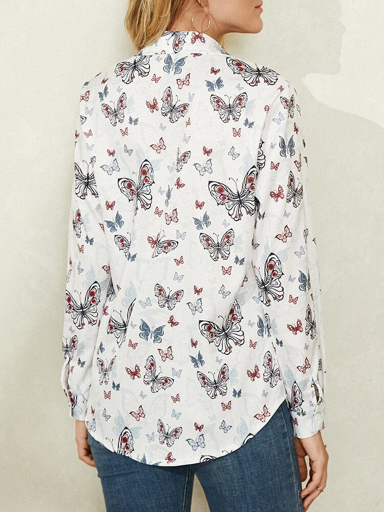 Women All Over Butterfly Print Button Up Hvit Fritidsskjorte