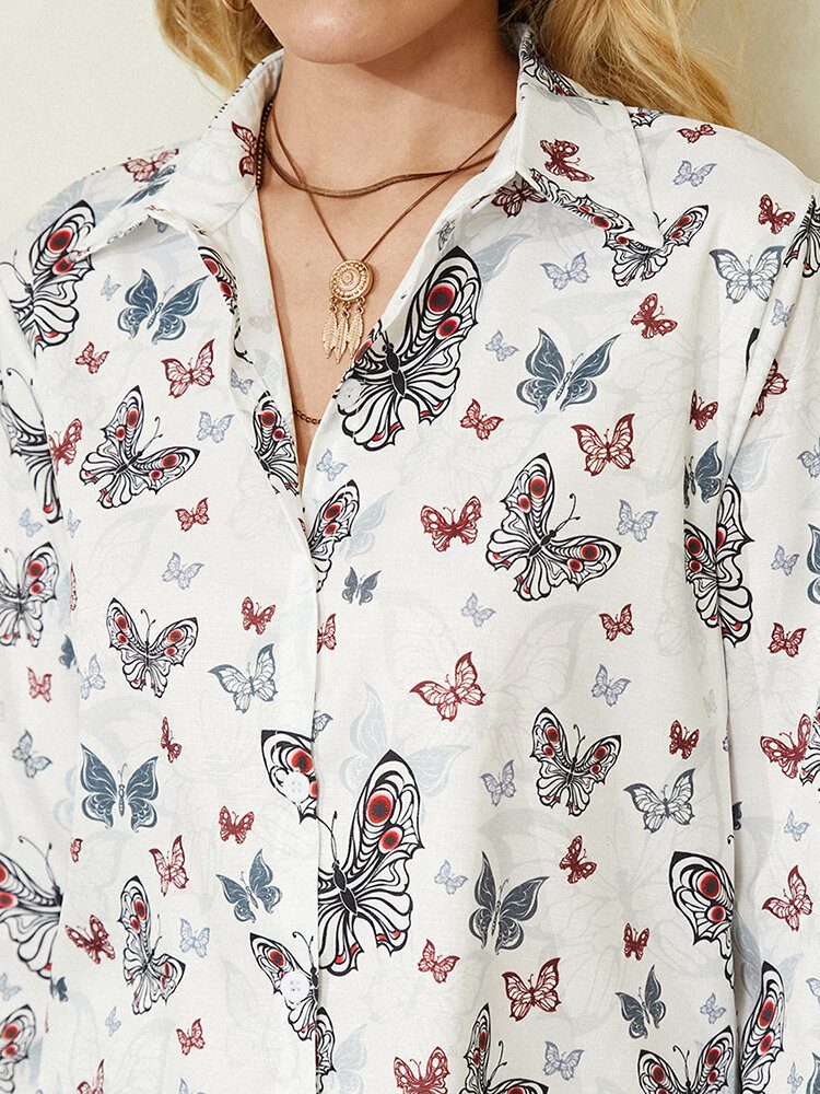 Women All Over Butterfly Print Button Up Hvit Fritidsskjorte