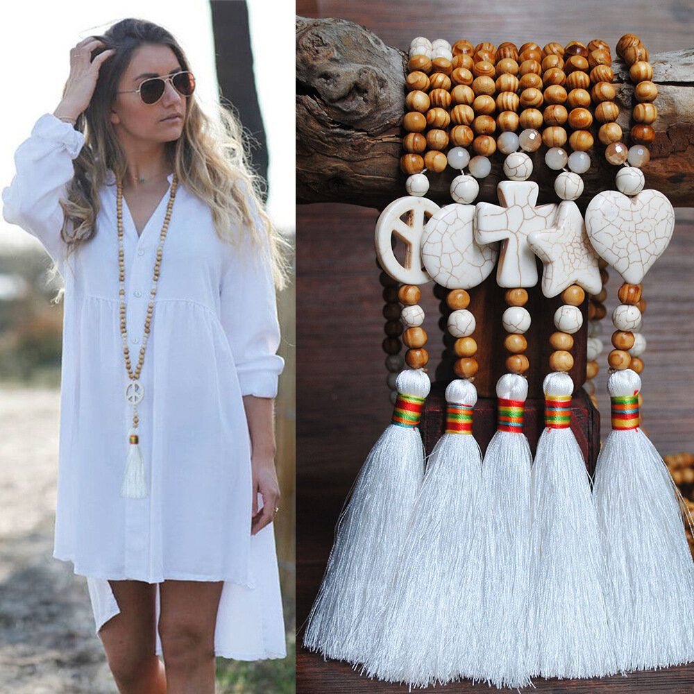 Bohemian White Tassel Halskjede Etnisk Geometrisk Hjerte Star Cross Anheng Langt Halskjede