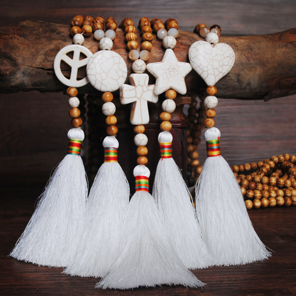 Bohemian White Tassel Halskjede Etnisk Geometrisk Hjerte Star Cross Anheng Langt Halskjede