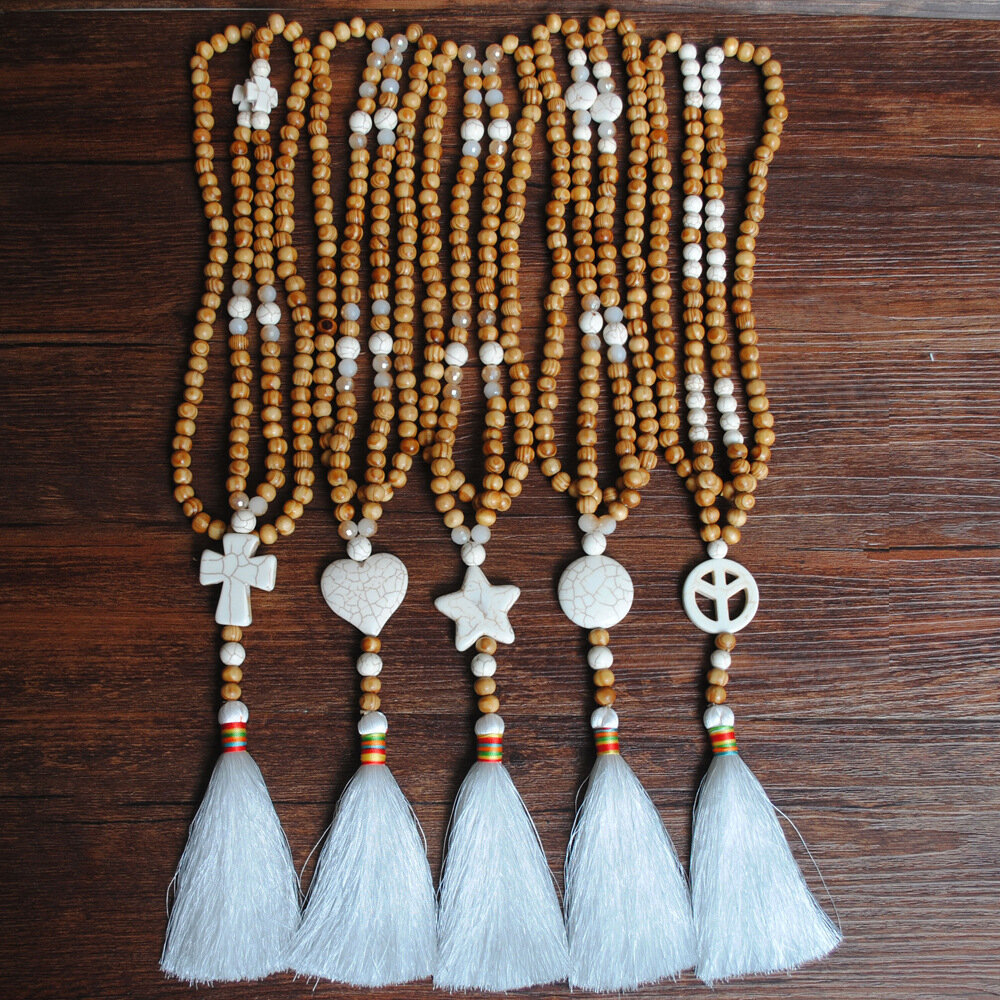 Bohemian White Tassel Halskjede Etnisk Geometrisk Hjerte Star Cross Anheng Langt Halskjede