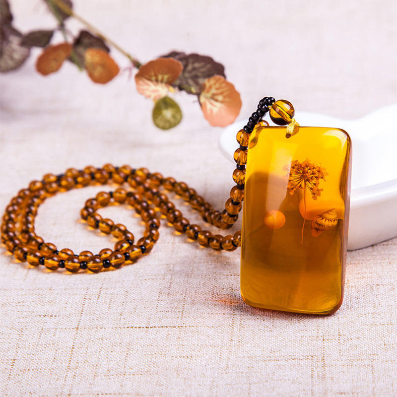 Unisex Harpiks Amber Flower Drop Pendant Vintage Geometry Beads Dame Halskjede Kjede