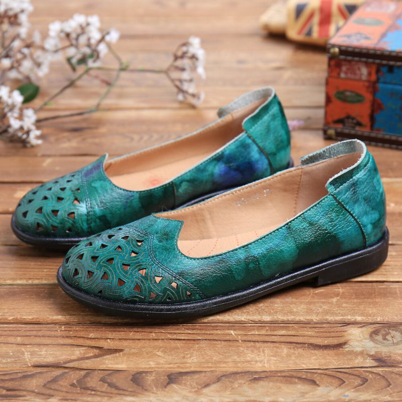 Bohemian Leather Hollow Tie-dyed Myk Casual Slip On Loafers Flate Sko