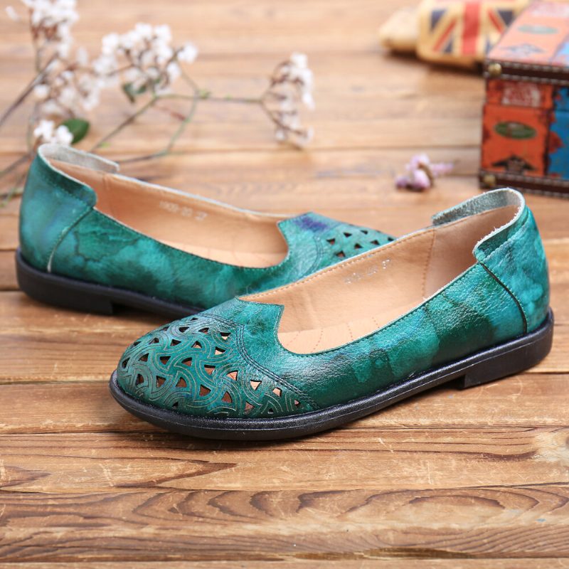 Bohemian Leather Hollow Tie-dyed Myk Casual Slip On Loafers Flate Sko