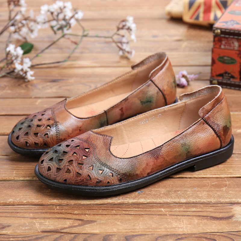 Bohemian Leather Hollow Tie-dyed Myk Casual Slip On Loafers Flate Sko