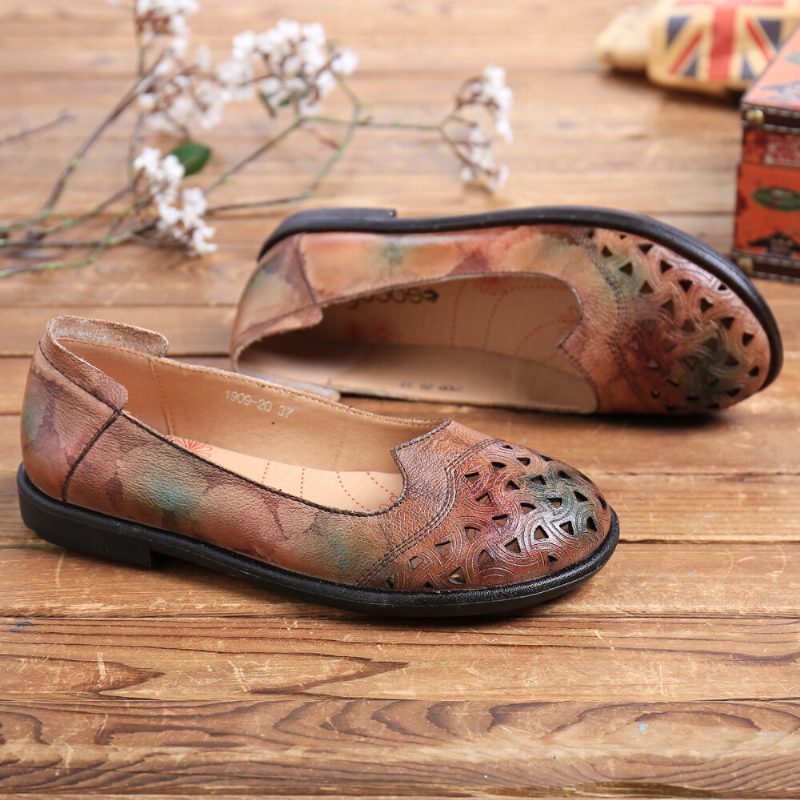 Bohemian Leather Hollow Tie-dyed Myk Casual Slip On Loafers Flate Sko