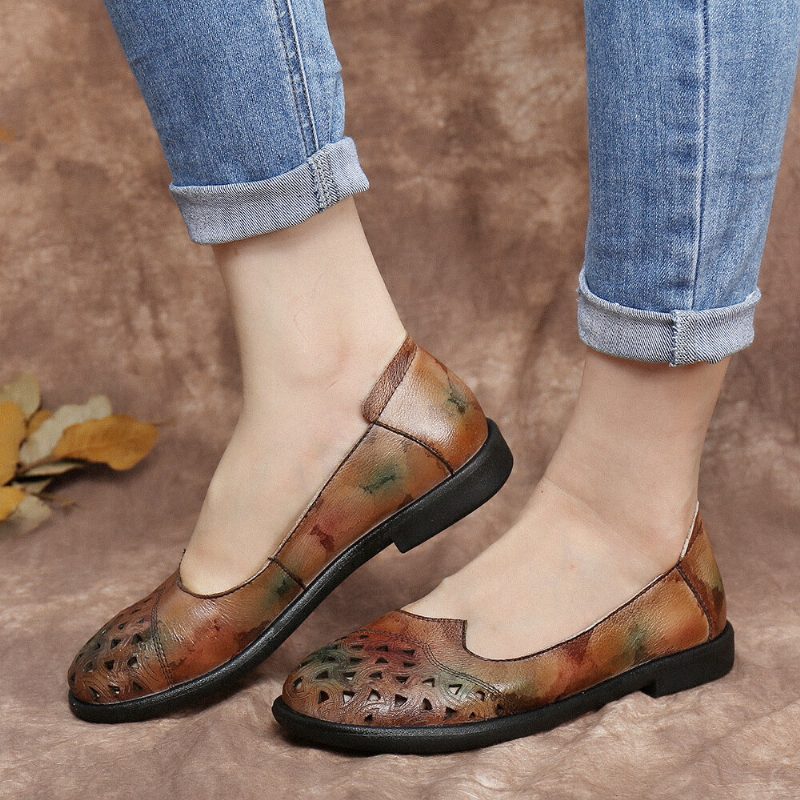 Bohemian Leather Hollow Tie-dyed Myk Casual Slip On Loafers Flate Sko