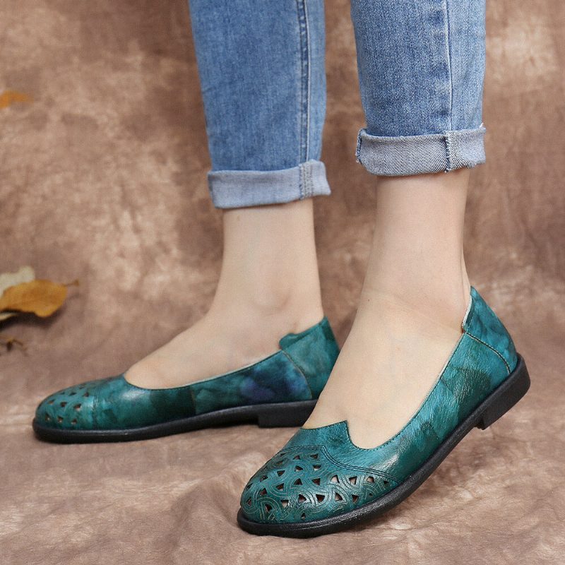 Bohemian Leather Hollow Tie-dyed Myk Casual Slip On Loafers Flate Sko