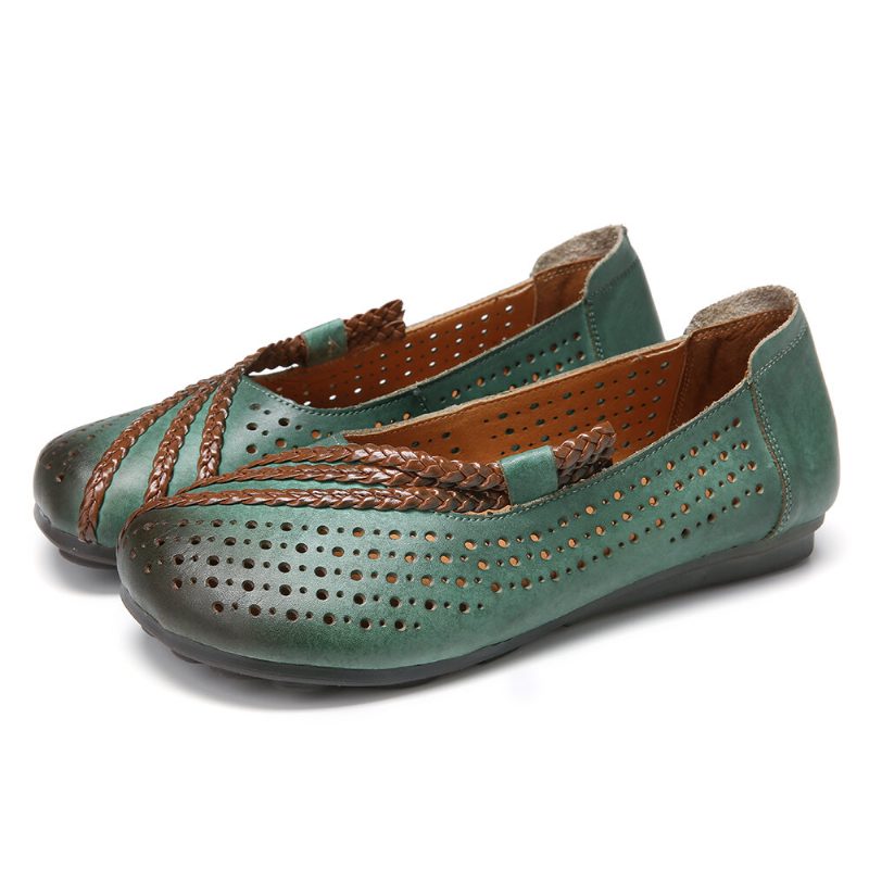 Burnished Cutout Flettet Runde Toe Slip-on Myke Flate Skinnsko