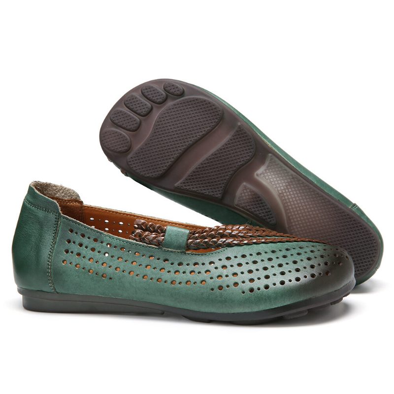 Burnished Cutout Flettet Runde Toe Slip-on Myke Flate Skinnsko