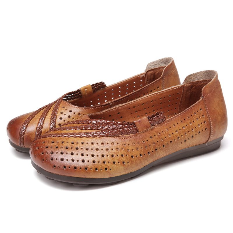 Burnished Cutout Flettet Runde Toe Slip-on Myke Flate Skinnsko