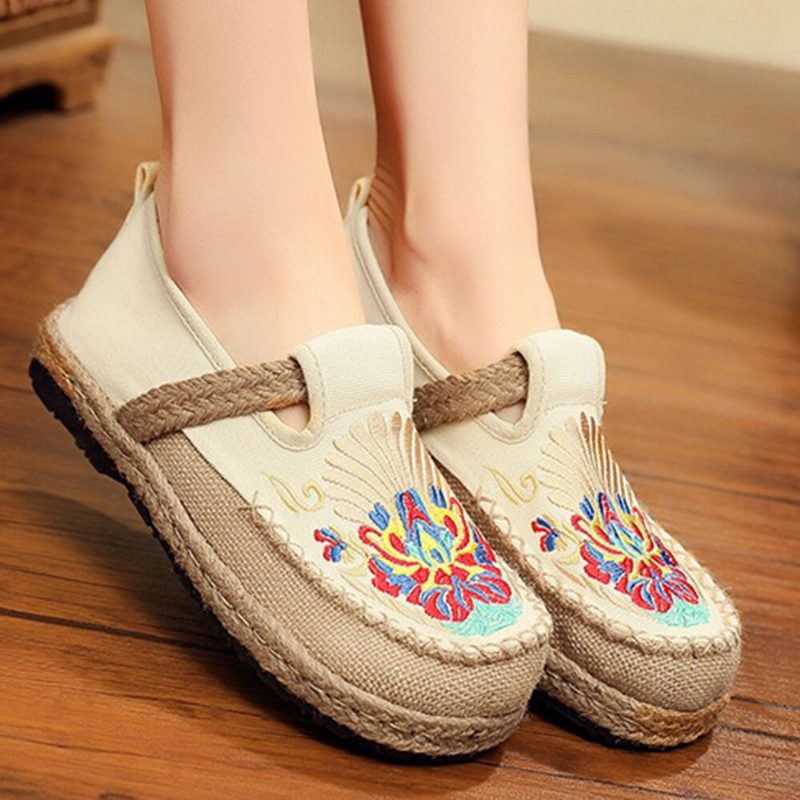 Dame Lin Comfy Brodery Straw Slip On Flate Loafers