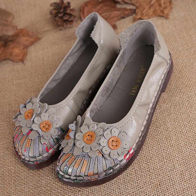 Dame Retro Blomster Dekor Håndlaget Søm Non Slp Soft Loafers