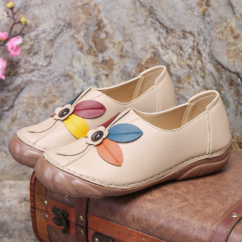 Dame Retro Flower Stitching Comfy Runde Toe Slip On Flate Loafers Sko