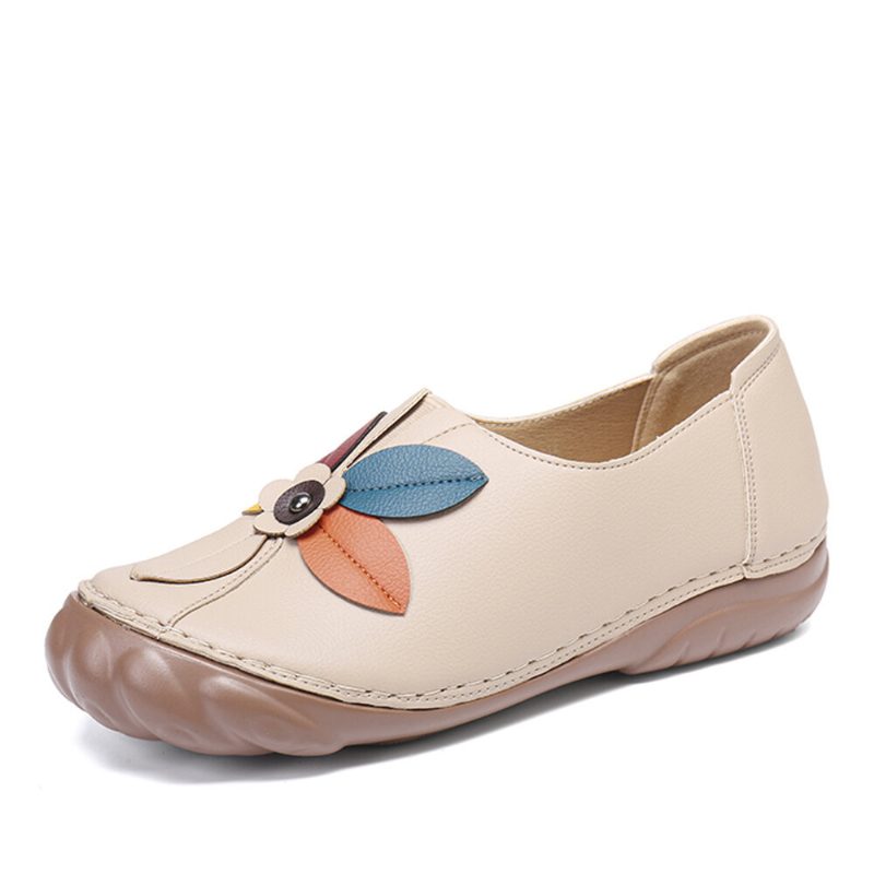 Dame Retro Flower Stitching Comfy Runde Toe Slip On Flate Loafers Sko