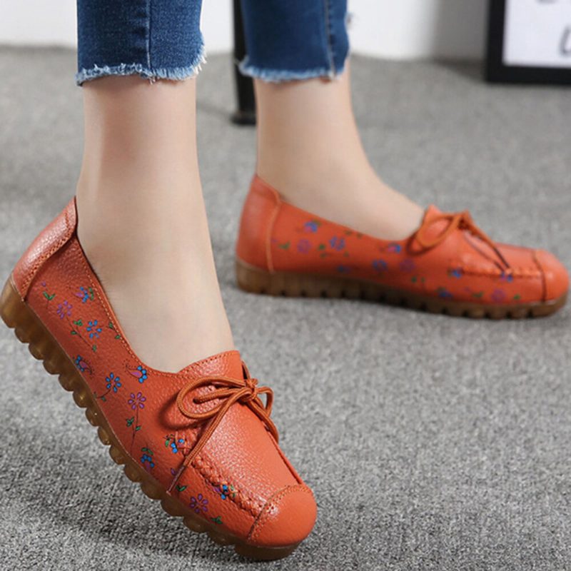 Kvinner Bowknot Blomster Utskrift Komfortabel Sklisikker Myk Såle Uformelle Skinn Loafers