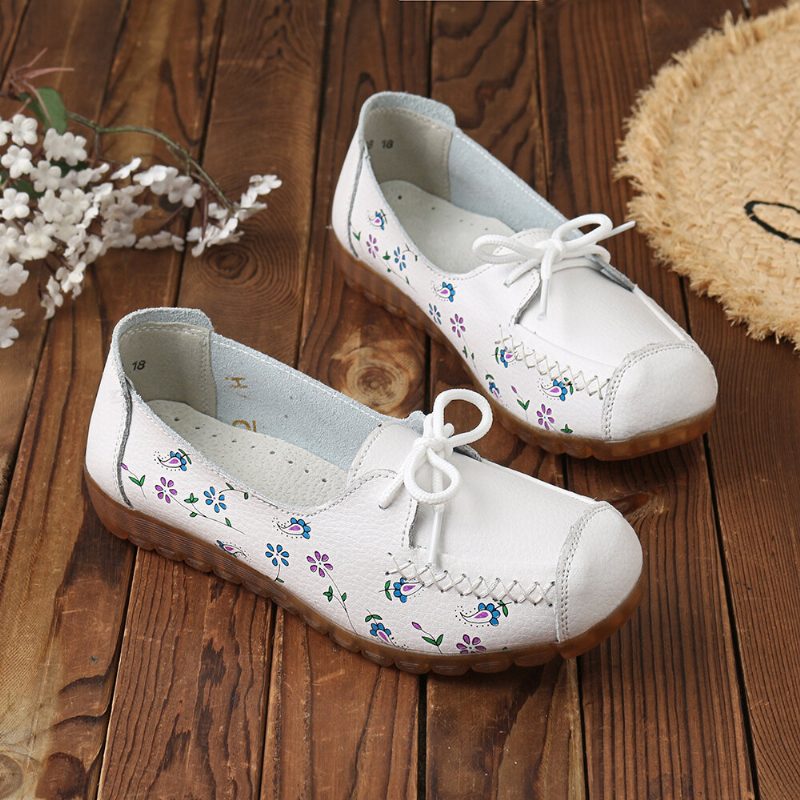 Kvinner Bowknot Blomster Utskrift Komfortabel Sklisikker Myk Såle Uformelle Skinn Loafers