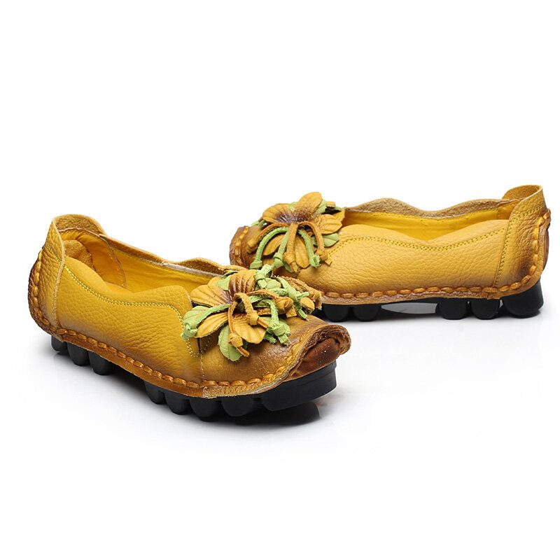 Kvinner Ekte Skinn Håndlaget Dekorasjonsblomster Vintage Slip On Flats Loafers