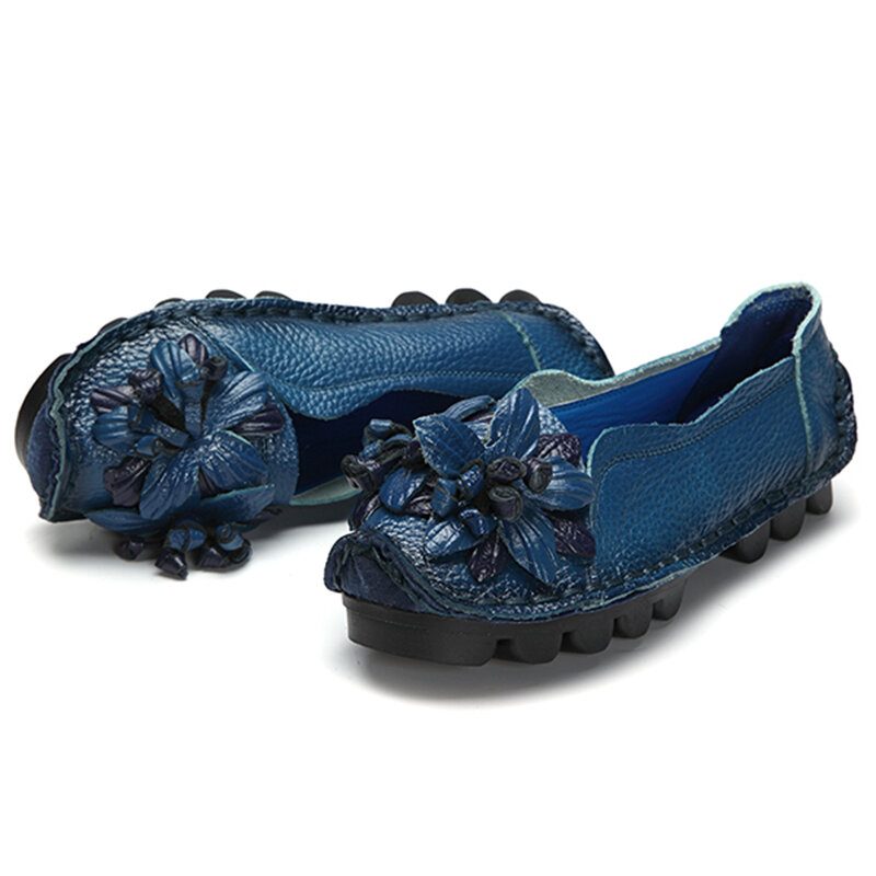 Kvinner Ekte Skinn Håndlaget Dekorasjonsblomster Vintage Slip On Flats Loafers