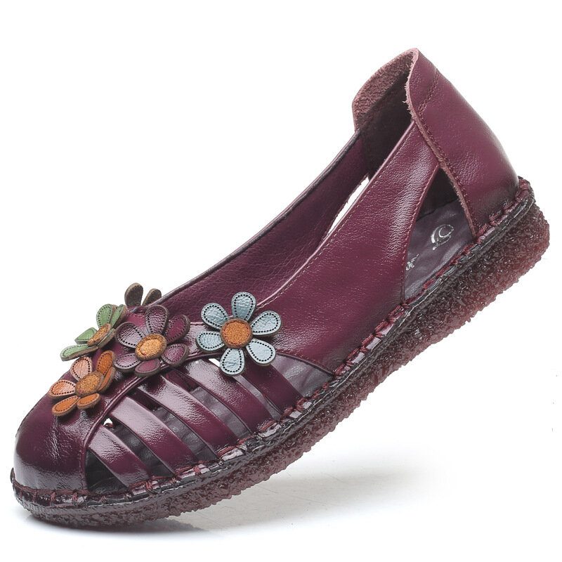 Kvinner Ekte Skinn Pustende Blomsterdekorasjon Retro Slip On Myke Flats