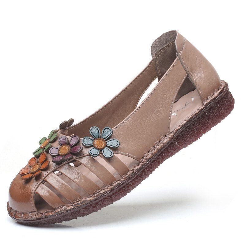 Kvinner Ekte Skinn Pustende Blomsterdekorasjon Retro Slip On Myke Flats