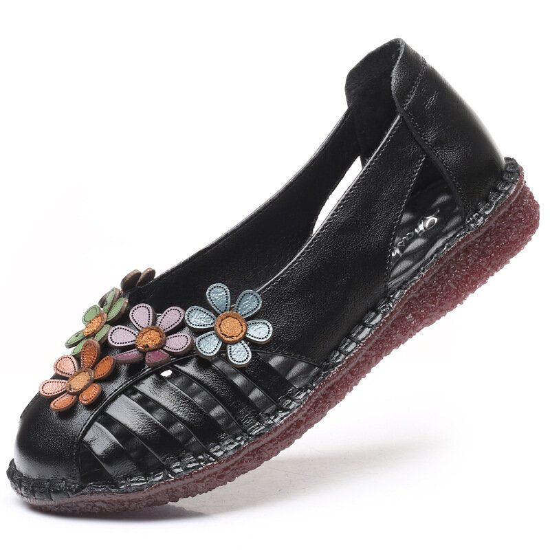 Kvinner Ekte Skinn Pustende Blomsterdekorasjon Retro Slip On Myke Flats