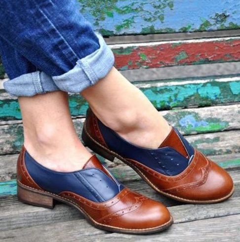 Kvinner Farge Skjøting Firkantet Hæl Rund Tå Brogue Oxfords Casual Flats Loafers