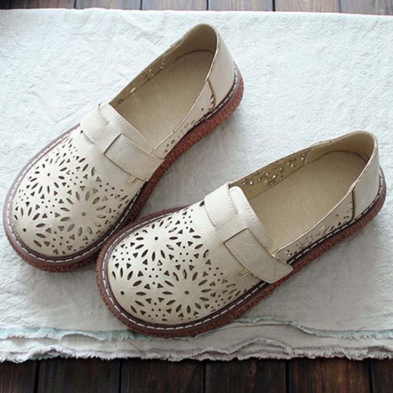 Kvinner Retro Casual Slip On Rund Toe Pustende Slitesterke Loafers Sko