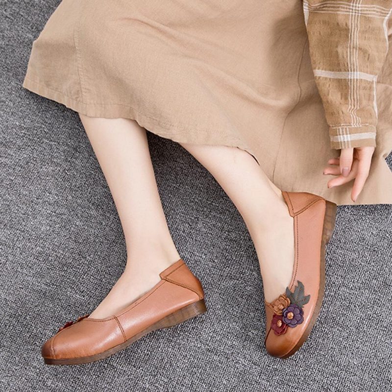 Kvinner Vintage Blomster Rund Toe Ekte Skinn Myk Såle Slip On Comfy Flats