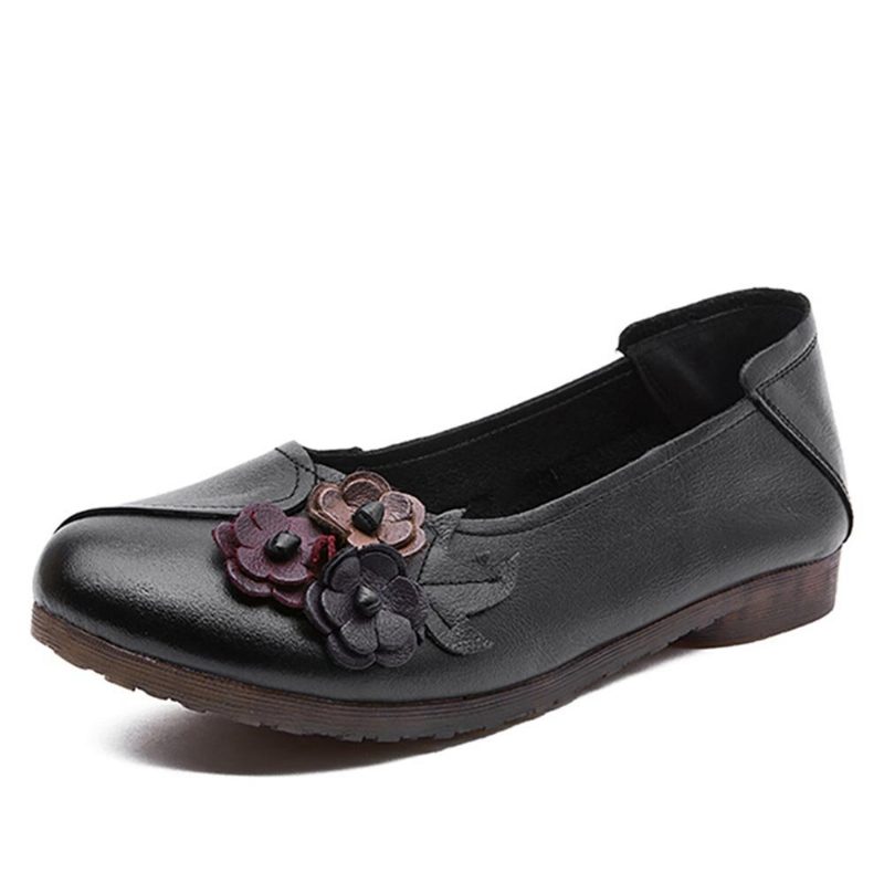 Kvinner Vintage Blomster Rund Toe Ekte Skinn Myk Såle Slip On Comfy Flats