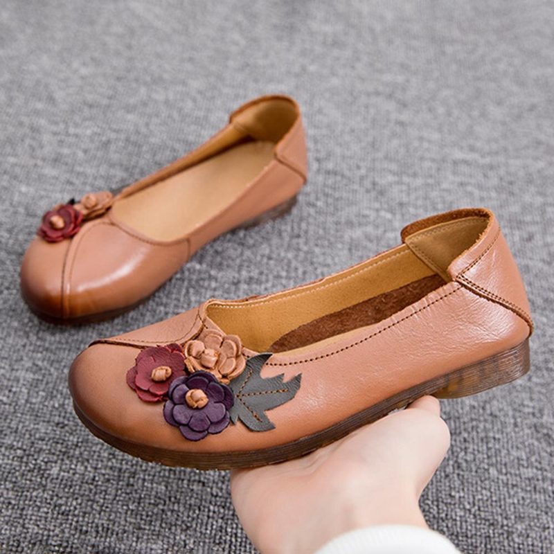 Kvinner Vintage Blomster Rund Toe Ekte Skinn Myk Såle Slip On Comfy Flats