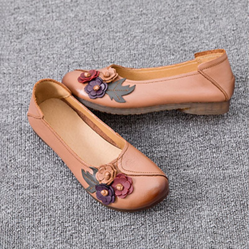 Kvinner Vintage Blomster Rund Toe Ekte Skinn Myk Såle Slip On Comfy Flats