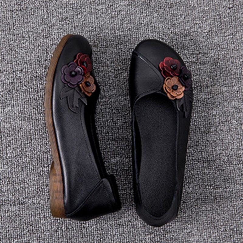 Kvinner Vintage Blomster Rund Toe Ekte Skinn Myk Såle Slip On Comfy Flats