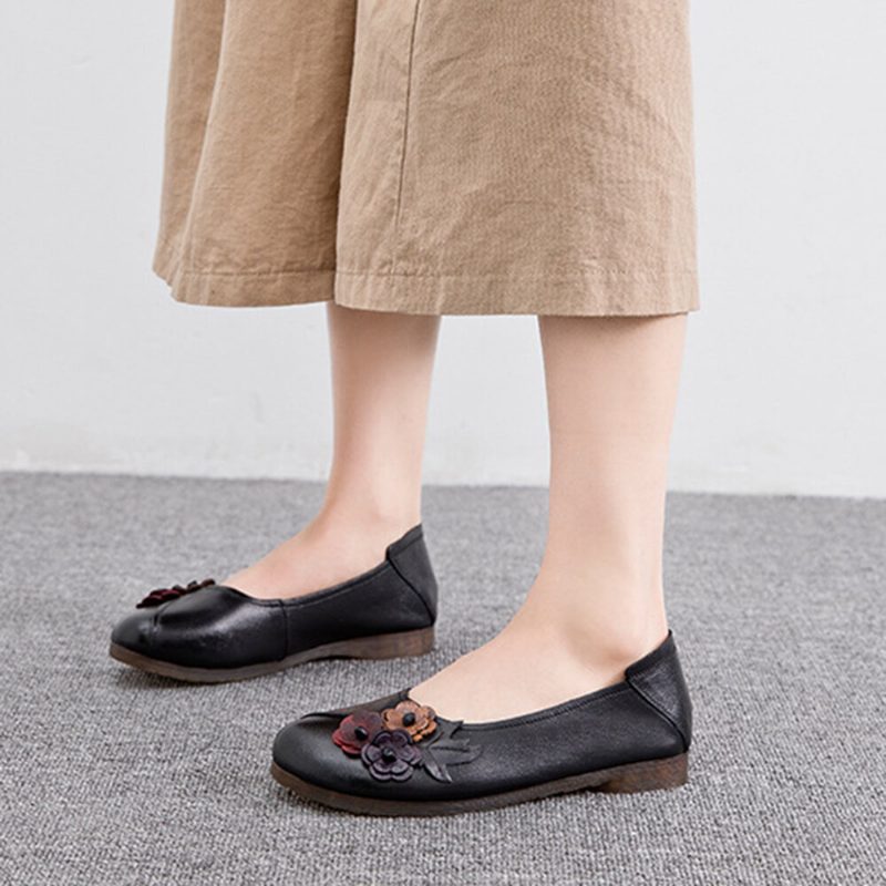 Kvinner Vintage Blomster Rund Toe Ekte Skinn Myk Såle Slip On Comfy Flats