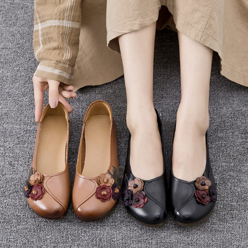 Kvinner Vintage Blomster Rund Toe Ekte Skinn Myk Såle Slip On Comfy Flats