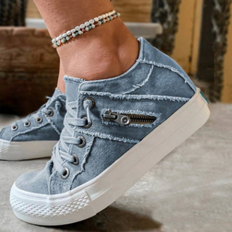 Pluss Størrelse Dame Retro Glidelås Dekor Canvas Lace Up Flate Casual Sko