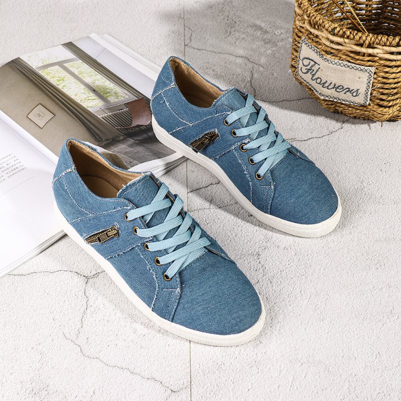 Pluss Størrelse Dame Retro Glidelås Dekor Canvas Lace Up Flate Casual Sko