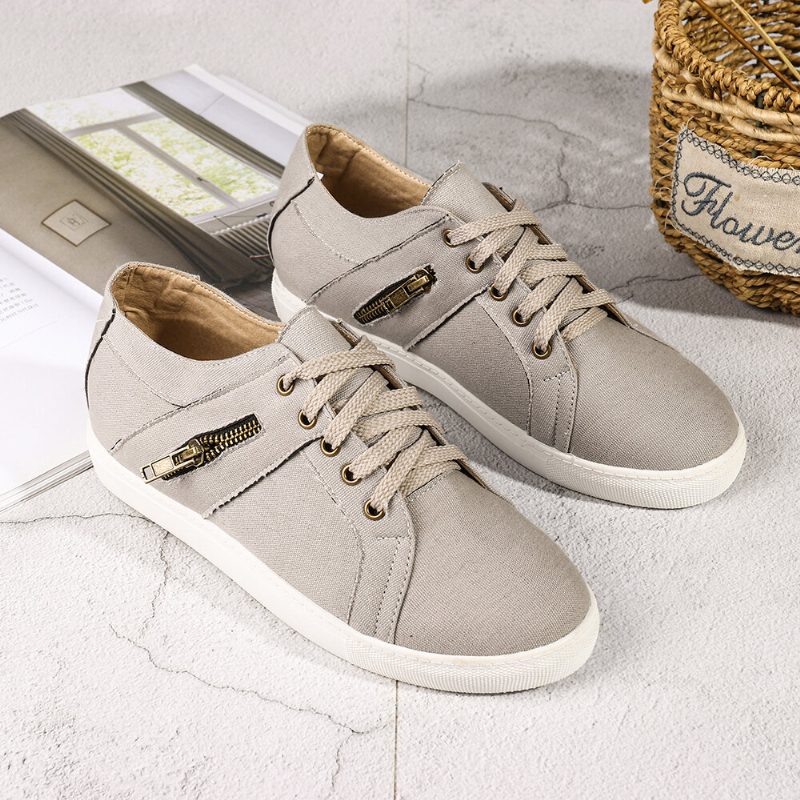 Pluss Størrelse Dame Retro Glidelås Dekor Canvas Lace Up Flate Casual Sko